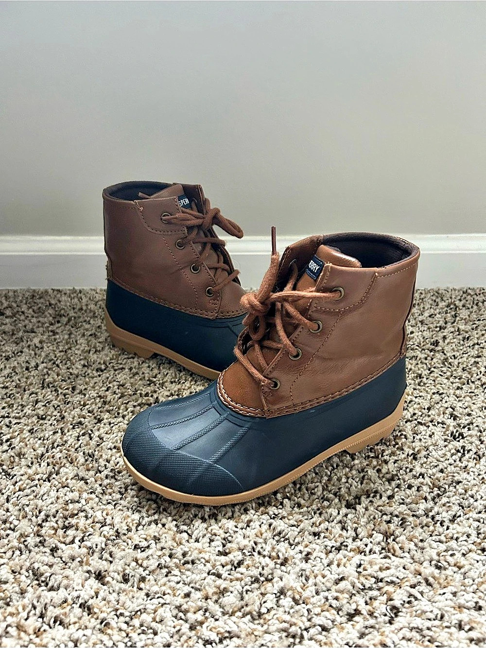 Sperry Port Duck Boots Kids Size 2 – Brown/Navy – Excellent Condition